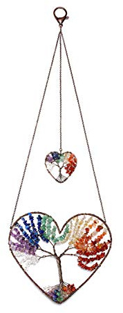 JOVIVI Double Heart Tree of Life Hanging Ornament 7 Chakra Reiki Healing Crystals Stones Gemstone Meditation Window Wall Hanger for Feng Shui Yoga Home Indoor Decor