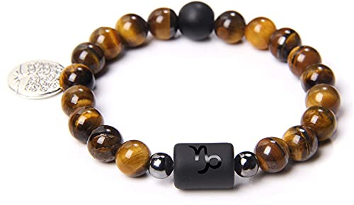 QYAQ Natürliche Damen Armbänder,7 Chakra Natürliche Tiger Eye Stein Perle Armband Elastisch Steinbock Sternbild Stein Armreif Mode Boho Yoga Dame Schmuck Geschenk Freundin Mutter