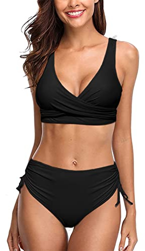 heekpek Costume da Bagno Donna Due Pezzi Costumi Push Up Scollo a V Top Bikini con Lacci Incrociati sul Retro e Pantaloncini da Bagno con Coulisse Laterale a Pieghe Bikini Donna Mare, Nero, M