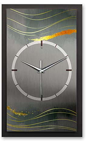 3D Designer-Wanduhr Dark Grey & Waves in modernem Metallic-Look 50x30cm rechteckig analog lautlos ohne Ticken (Dark Grey & Waves, leises Funkuhrwerk)