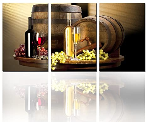 Wein-Wandkunst, Dekor für Küche, Stillleben, Weinobst, Kelch, Bilder, Traube, Alkoholflasche, Gemälde, 3-teilig, Leinwand, Holzfass, Kunstwerk, Bar, Esszimmer, Dekoration, gerahmt, fertig zum