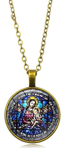 Halskette mit Anhänger Jungfrau Maria Madonna und Jesuskind, katholischer Schmuck, Glaskuppel, Kunst-Halskette, Glas