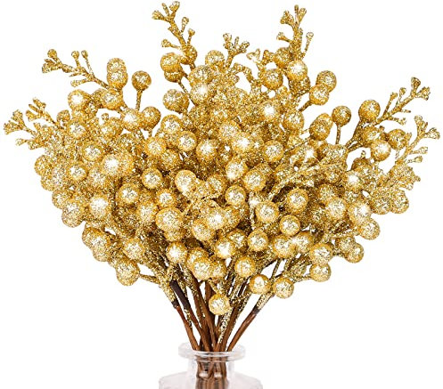 N&T NIETING Steli di bacche di Natale, 24 pezzi, rami artificiali glitterati, bacche di agrifoglio artificiali da 24,9 cm, per realizzare ghirlande, decorazioni per albero di Natale, oro