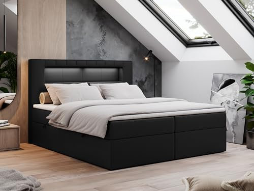 MKS MEBLE Boxspringbett 180x200 mit Led Schwarz Kunstleder, Polsterbett Bett mit Topper T25 und Kopfteil, Multipocket Matratze H3, Doppelbett mit Bettkasten Stauraumbett - Gold-5 - Schwarz Kunstleder
