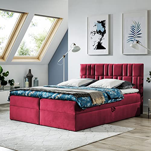 Boxspringbett Doppelbett TEO - Bett mit Bonellmatratze, mit Bettkasten für Bettwäsche und Topper. Gepolsterte Kopfstütze in 3 verschiedenen Varianten (Rot, 180x200 TEO 1)