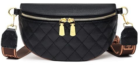 FANFUSUZI Bauchtasche Damen Leder crossbody bag damen breiter gurt moderne taschen mit breitem schultergurt bauchtasche stylisch,Schwarz.