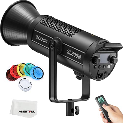GODOX SL300III LED Video Light, 330W 5600K Bowens Mount Daylight Balanced, 99300Lux@1m, CRI 96+ TLCI 97+, 8 FX Light Effects, Ultra Silent Mode, Yoke mit Feststellknopf, App-Steuerung unterstützt