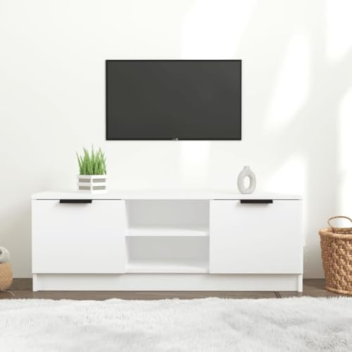 homiuse Meuble TV Blanc 102x35x36,5 cm Bois d'ingénierie Unité TV Design Epuré Armoire TV Bibliothèque Salon Meuble de Télévision Etagère de Rangement Cadres Photo Plantes Livres