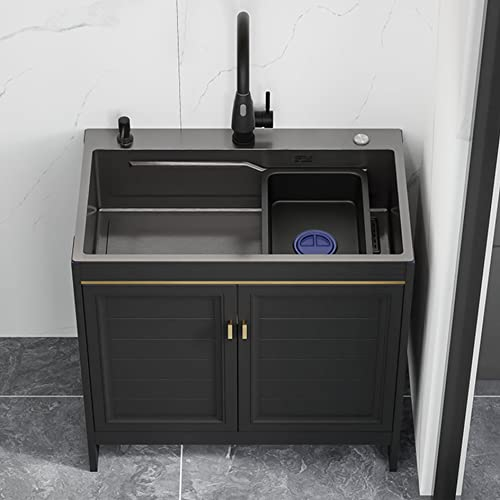 Lavello Mobile Lavelli Cucina Acciaio Inox,Lavandino A Libera Installazione In Vasca Singola Con Rubinetto,Lavatoio Da Giardino Campeggio,per Garage Lavanderia Esterno,Nero ( Size : 60*45*74cm/23.6*17