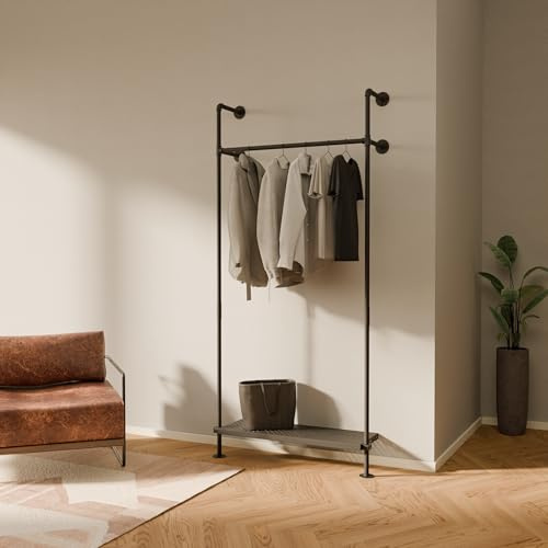 pamo Kleiderstange Wandmontage 140 kg Traglast - offener Kleiderschrank industrial schwarz aus Metall Wasserrohren mit Böden aus robustem Metall