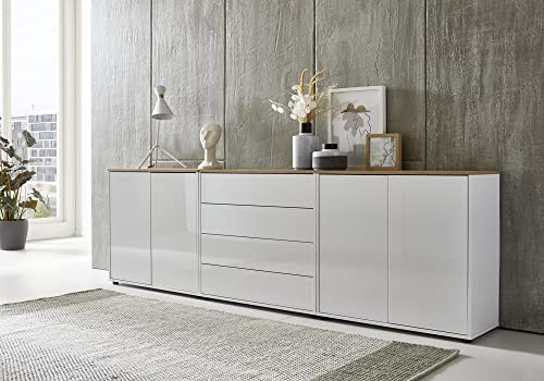 moebel-dich-auf Kommode Ben Set 5 Sideboard Türkommode Schubkastenkommode (weiß/weiß Hochglanz, Absetzung in Artisan Eiche Nb.)