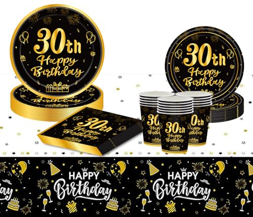VReder Black Gold 30th Birthday Decorations Paper Plates Napkins Tableware Table Cloth Set, Disposable Paper Party Tableware for Girls Boys 30th Birthday Party Decorations Table Supplies (16 Guests)