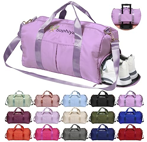 Personalisierte Schwimmtasche, OXYEFEI 45 Embroidery Muster Optional Sporttasche Mädchen Kinder Name Trainingstasche mit Groß Schuhfach Nassfach Faltbare für Ballett Gymnastik Gym(Helles Lila)