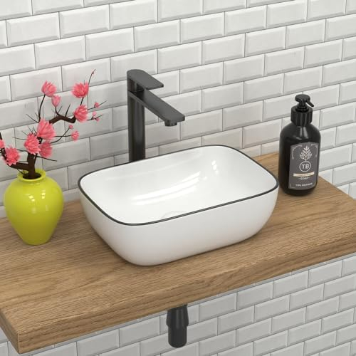 J-FAMILY JFBS88BT - Fregadero pequeño de baño de 14.5 x 10 pulgadas, porcelana blanca, cerámica, decoración negra, lavabo pequeño