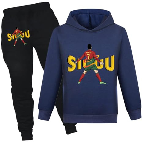 Survêtement de football unisexe avec capuche, manches longues et pantalon, pour enfants de 3 à 13 ans, bleu marine, 9-10 ans