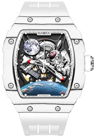 Haofa Automatische Kohlefaser 3D Mond Kaninchen Raumschiff Mechanische Uhr für Männer Hohl Wasserdicht Leuchtende Männer Uhr Lässige Mode 1986 Weiß