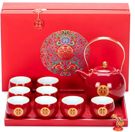 FOTN Service à thé traditionnel chinois en céramique rouge double Happiness KungFu - 1 théière, 8 tasses à thé, 1 plateau à thé carré, 1 coffret cadeau pour les couples mariés à porter des toasts, des
