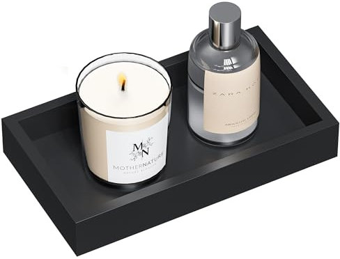 ZHWS Vassoio da bagno per bancone, vassoio in bambù per trucco, profumo, vassoio decorativo per candele, piccolo vassoio da cucina per dispenser di sapone porta spugna nero 20 cm x 11 cm x 3 cm