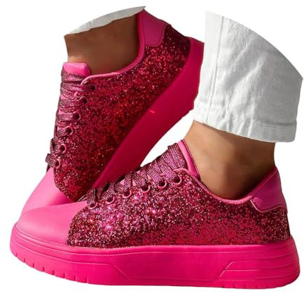 Minetom Baskets À Paillettes pour Femme Lacets Sneakers Chaussures Décontractées Tennis Plates Baskets Chaussures De Marche A Rose Rouge 42 EU