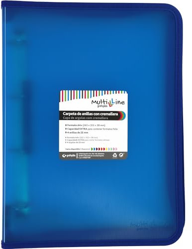 Grafoplás Raccoglitore ad anelli con cerniera A4+, blu, Multiline, 4 anelli misti 25 mm, copertina in polipropilene a righe verticali, capacità extra per fogli di carta formato foglio