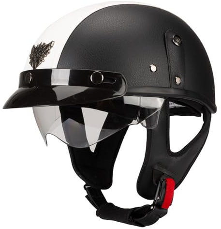 Mezzo Caschi Jet Moto Retrò Pelle Sintetica ECE Omologato Casco Scodella Portatile Per Uomo Donna Con Visiera Caschi Cromwell Casco Da Motociclista Street Bike Touring Cruiser 1,M:57-58CM