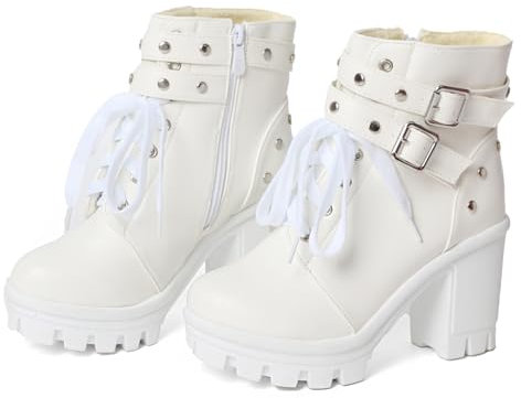 FOREADA Gothic-Stiefel mit klobigem Absatz für Damen, knöchelhoch, schwarz, Plateau-Stiefel, Schnalle, Nieten, Punk, Gothic, Schuhe mit Reißverschluss, Chunky Heel White, 41 EU
