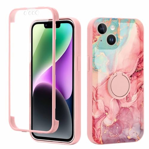 Yoedge Kickstand Phone Case for iPhone 15 Plus 6.7,360°Rotatable Magnetic Ring Holder Cases,Full Body Shockproof Silicone Cover with Built-in Screen Protector,Pink Marble Pattern for iPhone 15 Plus