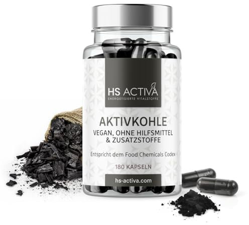 HS Activa Aktivkohle 180 Kapseln – Kohletabletten bei Durchfall, Blähungen und zur Entgiftung – Hochwertige Medizinische Kohle aus Holz in der Qualität Food Chemicals Codex (FFC) – Made in Germany