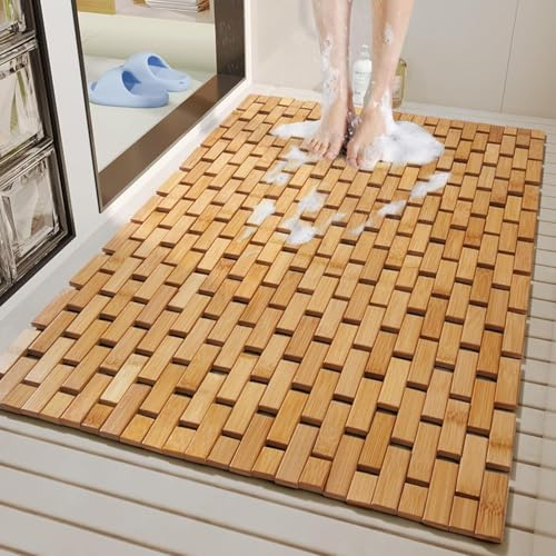 Boracy Badematte Bambus 40×60 cm Faltbare Duschmatte Holz Duschvorleger rutschfest Badezimmermatte Groß Dusche Rutschmatte Rechteckig(Natural,40x60cm)