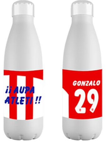 Mookase Botella Personalizada del Atletico Madrid con Nombre -Botella del Atletico Madrid - Botella de Acero Inoxidable 700 ml- Botellas Equipo de Futbol-Regalo Original - Botella para niño y niña