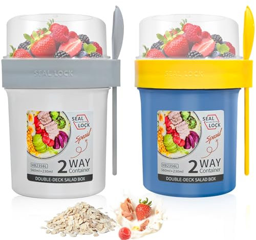Bukuhlio Lot de 2 gobelets à céréales à emporter 560 ml et 230 ml,pot yaourt,overnight oats jar, avec cuillère, anti-fuite (Blanc + Bleu)