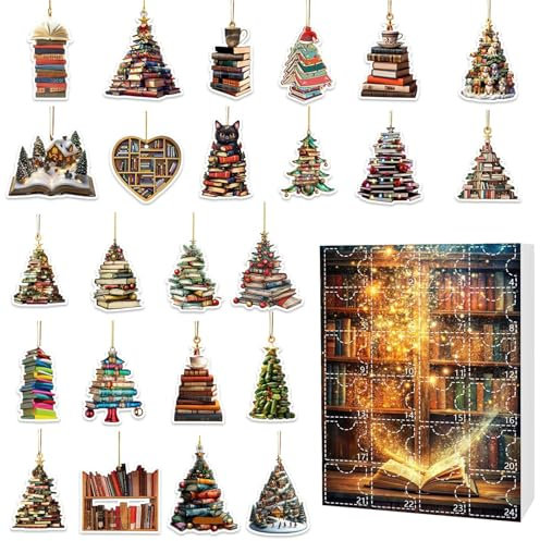 24 Tage Adventskalender, Weihnachten Adventskalender, 2D Acryl Ornamente Set, Weihnachten Countdown Kalender, Urlaub Baum, Bücher Gestapelt Ornament Kalender, Saisonale Dekorationen für Zuhause