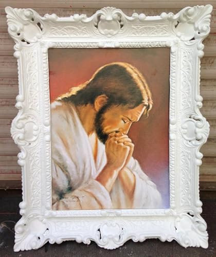 Pintici Grahmte Gemälde Jesus Betet Jesus Christus Kunstdruck 56x46 cm Jesus pray mit Rahmen Antik WANDBILD (Weiß)