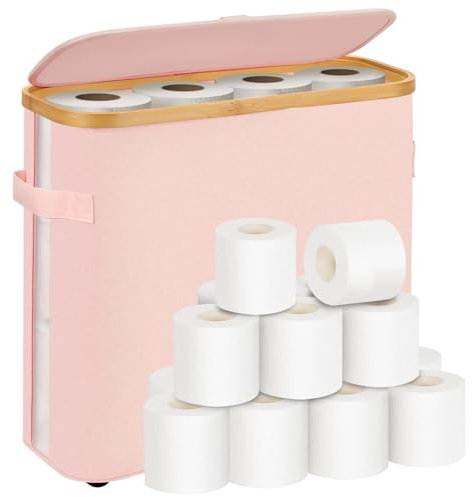 Skyspher 32L Toilet Paper Containers Bamboo Toilet Roll Storage Unit for Loo Roll with Lid Bathroom Toilet Roll Box Holder Stand Complete with Handle for Convenient Access (Pink)