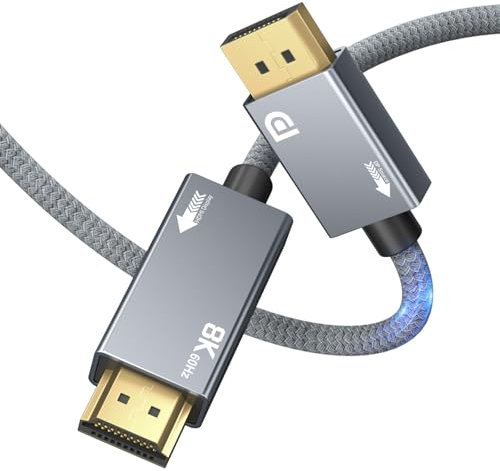 Câble DisplayPort 1.4 vers HDMI 2.1 [8K@60Hz, 4K@144Hz/120Hz, 2K@240hz],Unidirectionnel DisplayPort vers HDMI, Support HDR/HDCP 2.3/DSC 1.2 pour PC, Projecteur, Moniteur, Dell, AMD, NVIDIA,TV (2M)