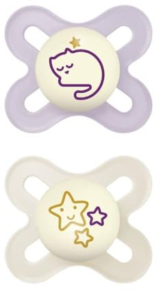 MAM Original Start Night Succhietto 0-2 Mesi (Set da 2), Ciuccio MAM che si illumina al buio con tettarella in silicone, Kit da 2 accessori neonato con porta ciuccio sterilizzatore, Crema Notte