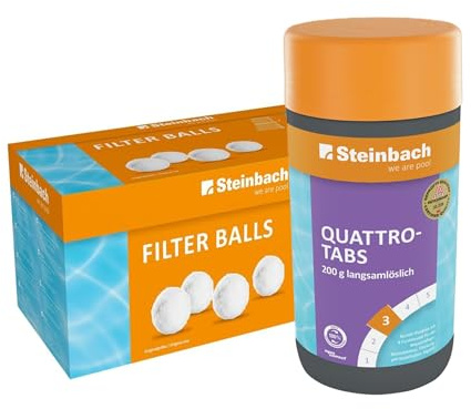 Steinbach Poolpflege-Set | Quattrotabs 1 kg (200 g Tabs) & Filter Balls 700 g | 4-Fach Wasserpflege mit Chlor, Algezid & Flockung | Filtersand-Alternative | kristallklares Poolwasser