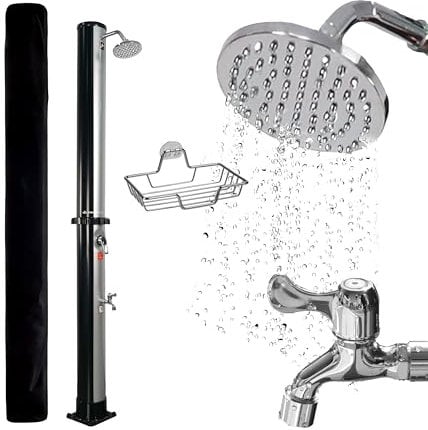 NovaTerra Solardusche schwarz/silber mit 40L Tank - Gartendusche & Campingdusche mit Regenduschkopf, Fußdusche, Schutzhaube & Ablageschale - für Garten & Camping, Wassererwärmung bis 60°C ohne Strom
