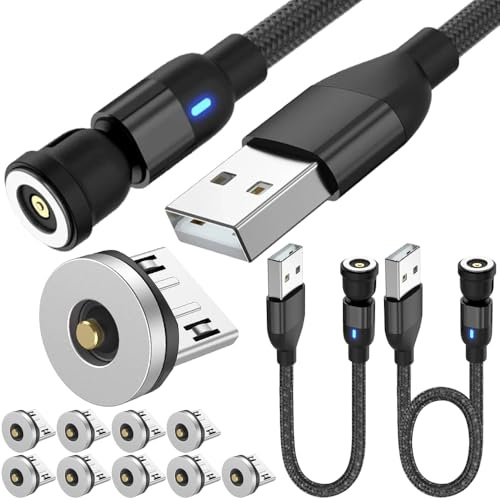 Xiatiaosann Câble de recharge magnétique 1 broche, câble de recharge magnétique MicroUSB rotatif à 540° avec lumière LED (2 m + 1 m) pour appareils Micro USB, avec embouts magnétiques Micro USB