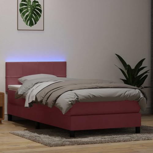 Mandloder Boxspringbett Rosa 80x220 cm, Samt Stoff, mit Taschenfederkernmatratze, Matratzenauflage, Höhenverstellbarem Kopfteil und LED-Beleuchtung, Modernes Bettgestell