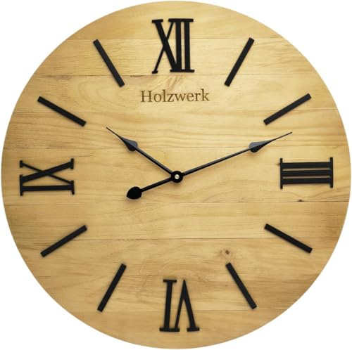 Holzwerk Große 60 cm XL Retro Natur Wanduhr Rustikal Vintage lautloses Uhrwerk ohne Tickgeräusche industrielle Landhaus Braun lautlos Massivholz Natur Holz-Uhr Römische Ziffern (Vintage.Braun 60cm.)