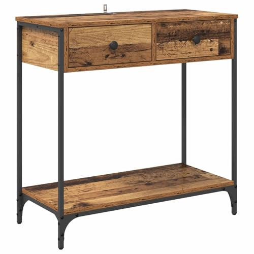XHNIFBN Table Console Industrielle Bois Ancien 75x34.5x75 cm Meuble d Entrée avec Tiroir et Étagère Structure Métal Console de Salon Vintage Rustique