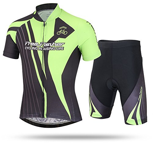 YFCH Maillot de Ciclismo Conjunto de Camiseta de Bicicleta + Pantalones Cortos Transpirable para Niños Niñas, Negro+Verde, 2XL /12-13 años