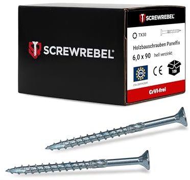 SCREW REBEL® Holzbauschrauben 6,0x90 mm [100 Stück] – Spanplattenschrauben hell verzinkt mit Reibteil & Cut-Spitze – TX30 Antrieb – Holzschrauben mit ETA-Zulassung – CrVI-frei & korrosionsbeständig