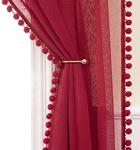 MIULEE Vorhänge mit Pompons-Weinrot Gardinen 2-Set für Kinderzimmer, Transparent Gardinen mit Pompons für Wohnzimmer Jugendzimmer, Dekoschals Durchsichtig Vorhang mit Bommeln,2XH 225 X B 140cm