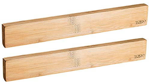TokioKitchenWare Messerleiste: 2er-Set originelle Messer-Magnetleisten aus echtem Bambus-Holz (Magnete für Messer, Küche Magnetleiste, Flaschenöffner)