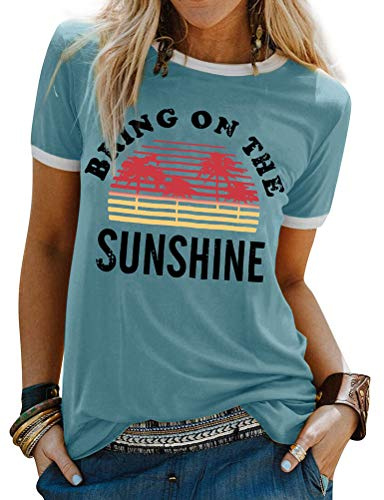 Dresswel Women Bring On The Sunshine T-Shirt Rainbow Graphic Print Short Sleeve Crew Neck Tee Tops Ladies Summer Shirts