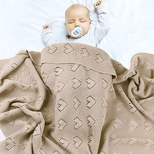 Strickdecke Babydecke Kuscheldecke Baumwolle, Surwin Mädchen und Jungen Babys Gestrickt Kinderdecke Freien Krabbeldecke Perfekt für Kinderwagen Babybett (Beige,100x80cm)
