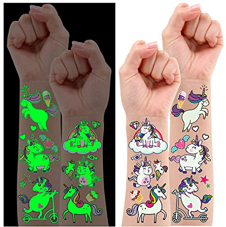 Leesgel Licorne Tatouage Enfant Fille, 10 Feuills Brillent Dans Le Noir Tatouage Ephemere Enfant, Pinata Anniversaire Petit Cadeau Jouet Fille Licorne Deguisement Fille
