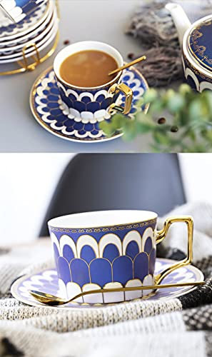 Juego de taza de té y platillo de cerámica de 200 ml con adornos dorados y caja de regalo, tazas de café de porcelana fina (1 taza)